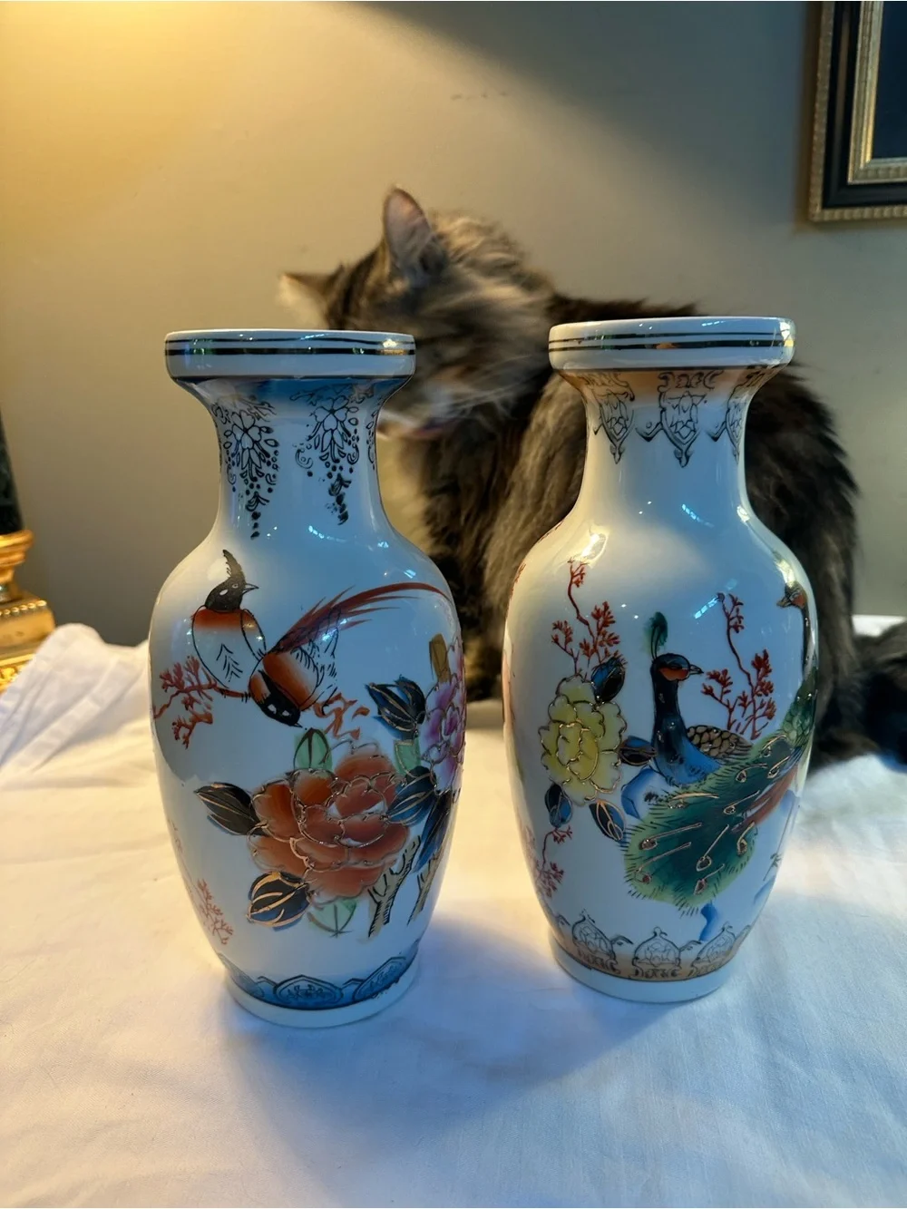 Decorative Chin Porcelain Floral & Bird Vases in White and Multicolor - Set of 2